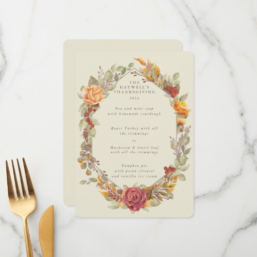 Menu Parcours 3 Plat à cadre floral Thanksgiving (Devant/Arrière en situation)