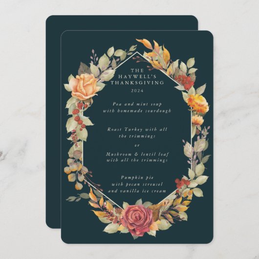 Menu Parcours 3 Plat à cadre floral Thanksgiving (Devant / Derrière)