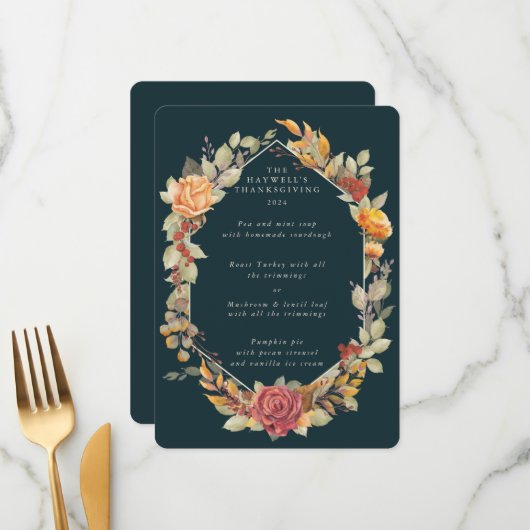 Menu Parcours 3 Plat à cadre floral Thanksgiving (Devant/Arrière en situation)