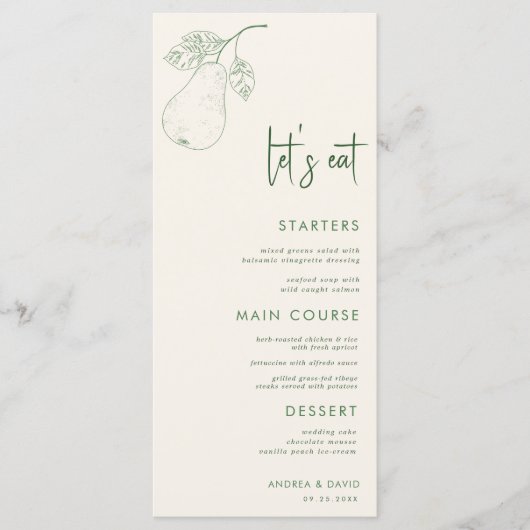 Menu Parfait Pear Pair Thème Mangeons Script Mariage (Devant)