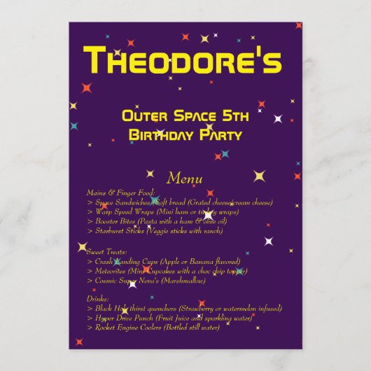 Menu Partie d'anniversaire de l'espace extra-atmosphéri (Devant)