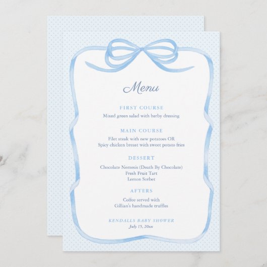 Menu Partie de Baby shower de garçon de la boîte bleue  (Devant / Derrière)