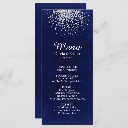 Menu Parties scintillant argent classique sur Royal Blu (Devant / Derrière)