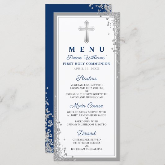 Menu Parties scintillant d'argent Marine Blue First Com (Devant / Derrière)