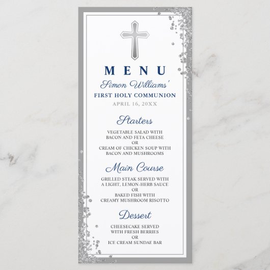 Menu Parties scintillant d'argent Marine Blue First Com (Devant)