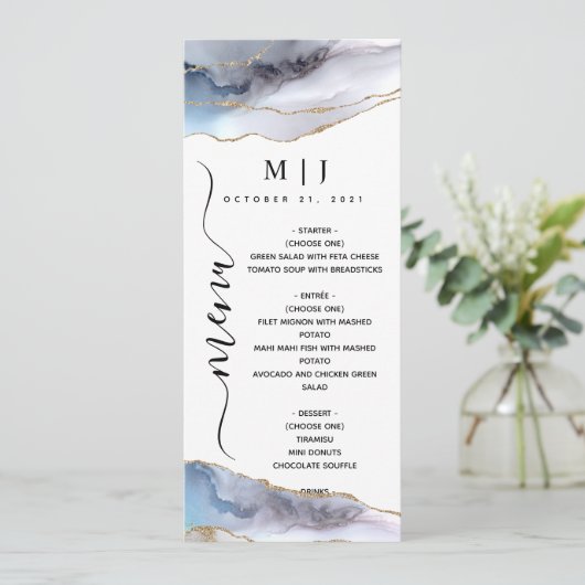 Menu Parties scintillant d'or et Mariage d'agate bleu m (Debout devant)