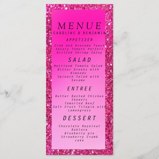 Menu parties scintillant d'or rose bleu rose script men (Devant)