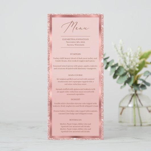 Menu parties scintillant d'or rose et feuille mariage d (Debout devant)