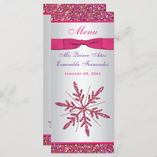 Menu Parties scintillant Flocon de neige rose, gri (Devant / Derrière)