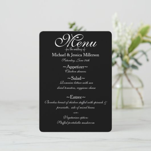 Menu Parties scintillant noir et or Zebra Print Mariage (Debout devant)