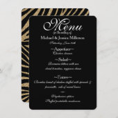 Menu Parties scintillant noir et or Zebra Print Mariage (Devant / Derrière)