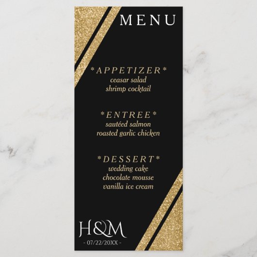 Menu Parties scintillant Noir & Or Stripe Mariage Récep (Devant)