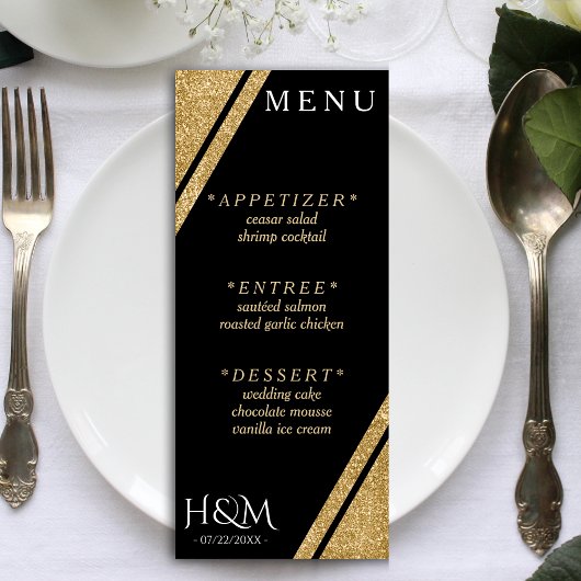 Menu Parties scintillant Noir & Or Stripe Mariage Récep