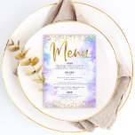 Menu Parties scintillant or bat mitzvah Aquarelle viole<br><div class="desc">Soyez fier, réjouissez-vous et présentez ce jalon de votre Bat mitzvah préféré avec une célébration dont vous êtes fier ! Attrapez vos invités avec ce magnifique menu de repas de fête moderne, avec des faux feuillages or brillant et des points de parties scintillant et de script de typographie contre un...</div>