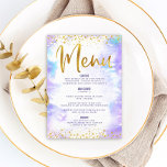 Menu Parties scintillant or bat mitzvah Aquarelle viole<br><div class="desc">Soyez fier, réjouissez-vous et présentez ce jalon de votre Bat mitzvah préféré avec une célébration dont vous êtes fier ! Attrapez vos invités avec ce magnifique menu de repas de fête moderne, avec des faux feuillages or brillant et des points de parties scintillant et de script de typographie contre un...</div>