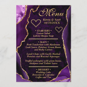 Menu Parties scintillant violet et or Agate Marbre Mari