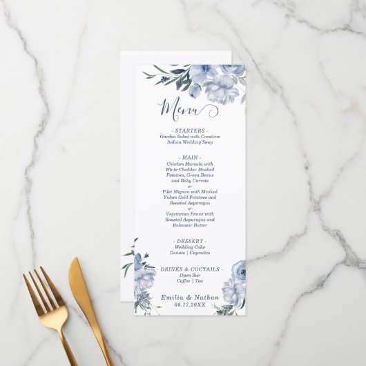 Menu Pastel Dusty Blue Rose Floral Mariage (Devant/Arrière en situation)
