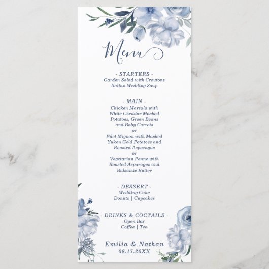 Menu Pastel Dusty Blue Rose Floral Mariage (Devant)