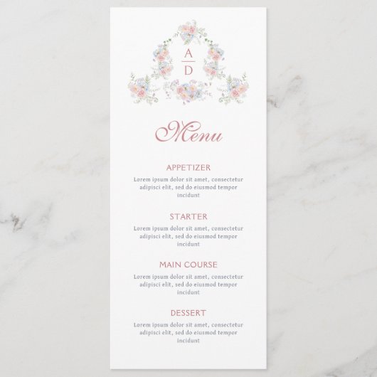 Menu Pastel Peonies Cadre Mariage Monogrammes (Devant)