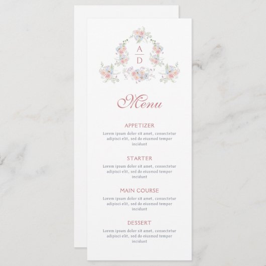 Menu Pastel Peonies Cadre Mariage Monogrammes (Devant / Derrière)