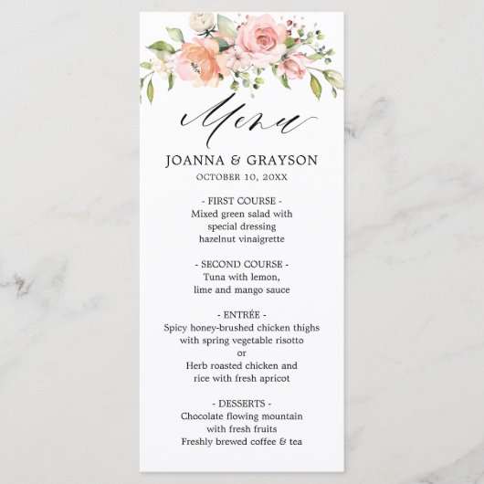 Menu Pastel Pink Blush Rose Floral Mariage botanique (Devant)