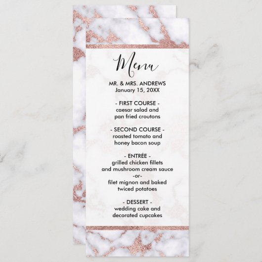 Menu Patterns de Chic Rose Gold White Marble Stone (Devant / Derrière)