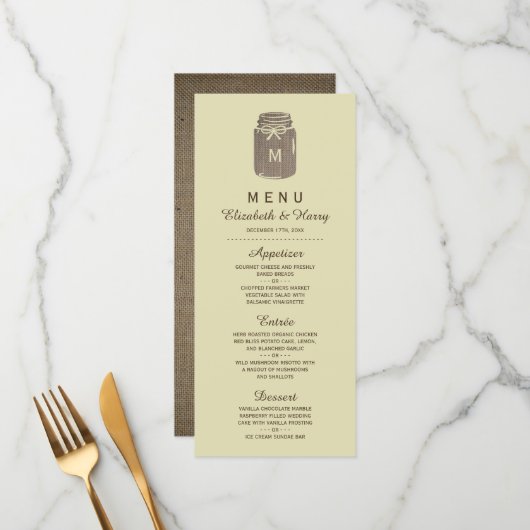 Menu Pays Burlap Mason Jar Mariage (Devant/Arrière en situation)