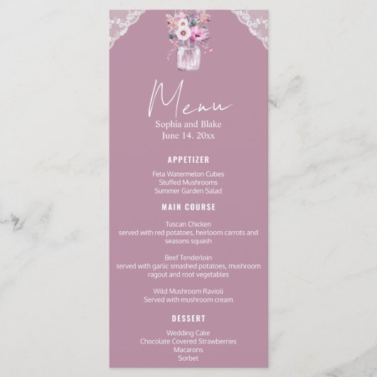 Menu Pays dentelle Mason Jar Mariage rose (Devant)