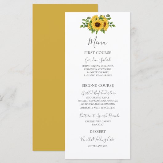 Menu Pays Rustique Gold Floral Mariage de tournesol (Devant / Derrière)