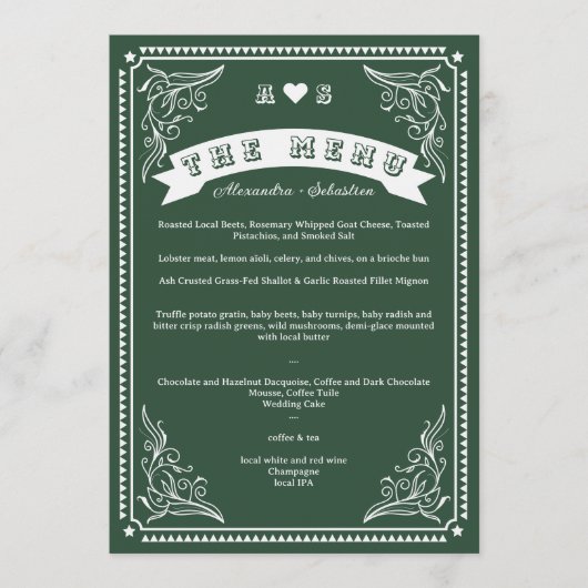 Menu Pays vintage Western Rustic Emerald Mariage (Devant)