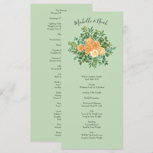 Menu Peach Green Mariage Spring Pastel (Devant / Derrière)