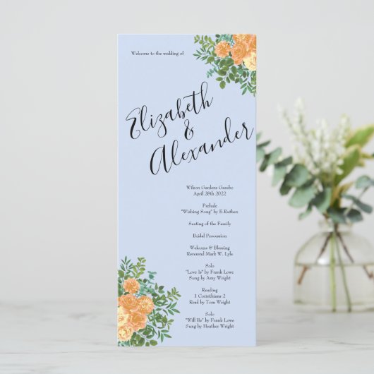 Menu Peach Light Blue Peony Rose Floral Wedding Program (Debout devant)