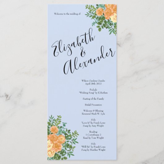 Menu Peach Light Blue Peony Rose Floral Wedding Program (Devant)