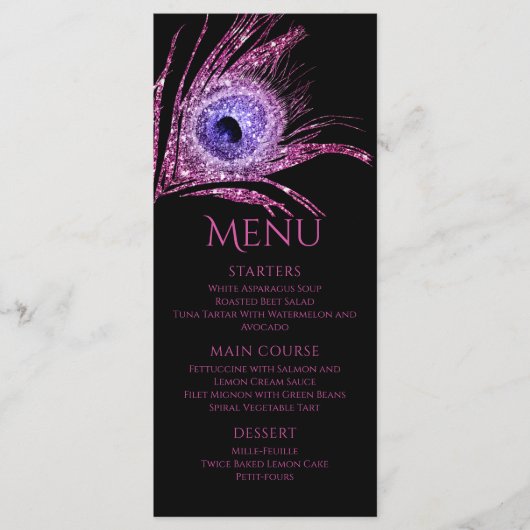 Menu Peacock Feather Chic Parties scintillant rose Bat  (Devant)
