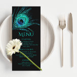 Menu Peacock Feather Chic Parties scintillant Turquoise<br><div class="desc">Ce design présente une élégante plumes de paon de parties scintillant turquoise sur un arrière - plan noir avec les informations de votre menu Bat mitzvah ci-dessous. Personnalisez en modifiant le texte dans les zones de texte. Conçu pour vous par Evco Studio www.zazzle.com/store/evcostudio #mitzvah #batmitzvah #eventplanner #mazeltov #jewish #mitzvahswag #party...</div>