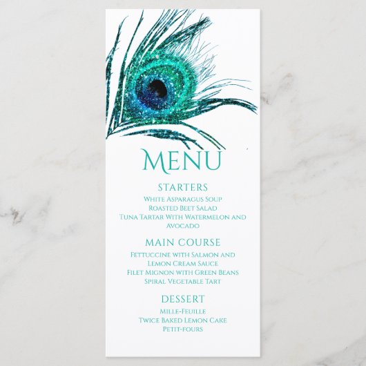 Menu Peacock Feather Chic Parties scintillant Turquoise (Devant)