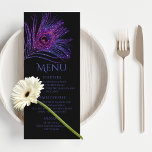 Menu Peacock Feather Chic Parties scintillant violet Ba<br><div class="desc">Ce design présente une élégante plume paon à parties scintillant rose et violet sur un arrière - plan noir avec les informations de votre menu Bat mitzvah ci-dessous. Personnalisez en modifiant le texte dans les zones de texte. Conçu pour vous par Evco Studio www.zazzle.com/store/evcostudio #mitzvah #batmitzvah #eventplanner #mazeltov #jewish #mitzvahswag...</div>