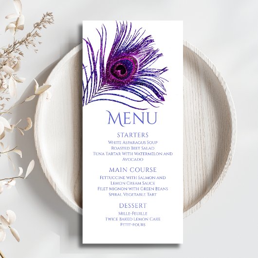 Menu Peacock Feather Chic Parties scintillant violet Ba