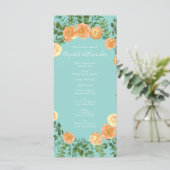 Menu Pêche Aqua Turquoise Mariage Roses Floral (Debout devant)