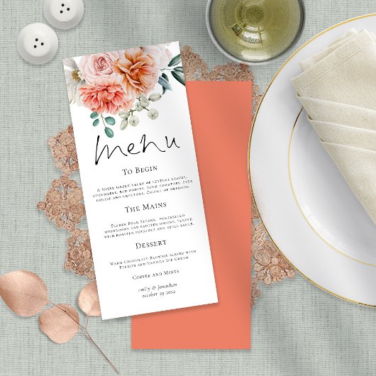 Menu Pêche Coral Peonies Florales Mariage