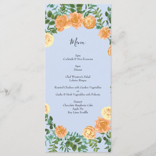 Menu Pêcher bleu clair Mariage Roses Floral (Devant)