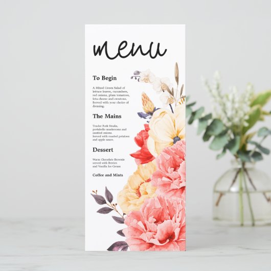 Menu Peonies d'aquarelle Magnolia Florals Script mariag (Debout devant)