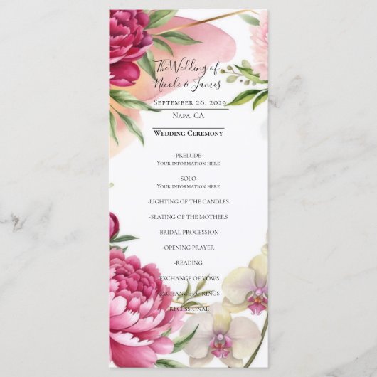 Menu Peony & Orchid Garden Floral Glam Wedding  (Devant)