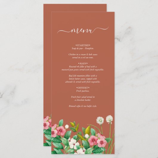 Menu Périwinkle Burnt Orange Terracotta Mariage (Devant / Derrière)