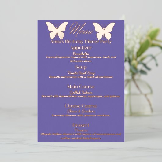 Menu Périwinkle Butterfly Theme Birthday Dinner Me (Debout devant)
