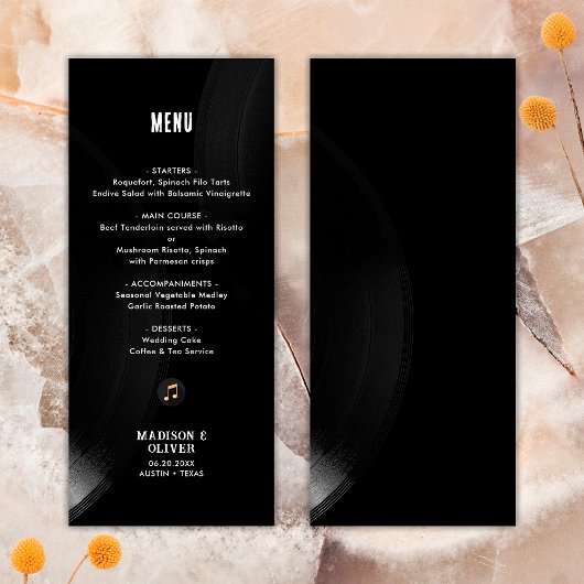 Menu personnalisable de mariage sur vinyle noir et
