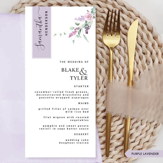 Menu Personnalisé avec le nom de l'invité, Lavender Flo