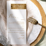 Menu Personnalisé chic avec nom d'invité Blanc et Or<br><div class="desc">Pourquoi dépenser en place cartes et cartes de menu quand vous pouvez avoir un élégant menu tout-en-un élégant personnalisé avec le nom de chaque client? Contemporain, simple et élégant design avec belle bande dorée avec nom d'invité dans la calligraphie manuscrite moderne en blanc et le reste du menu avec texte...</div>