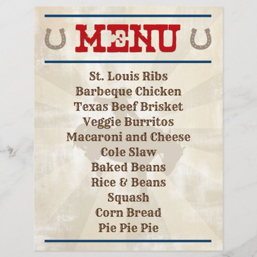 Menu Personnalisé Cowboy Hoedown Party (Devant)