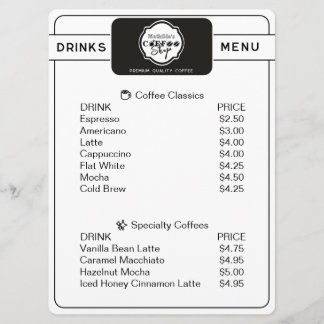 Menu personnalisé de boissons pour café profession